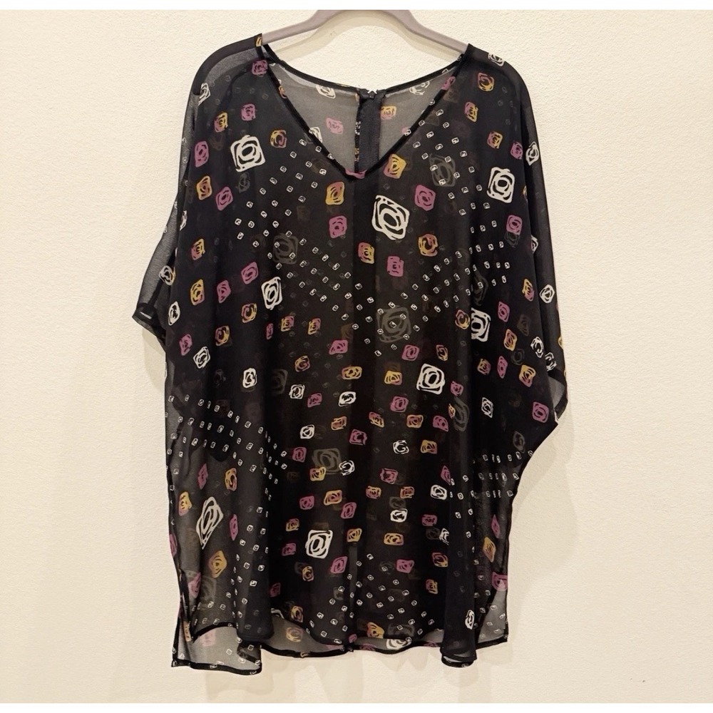 Women's Shirt Plus 1X Black Sheer Top Multicolor Design Cover Up Zipper Back